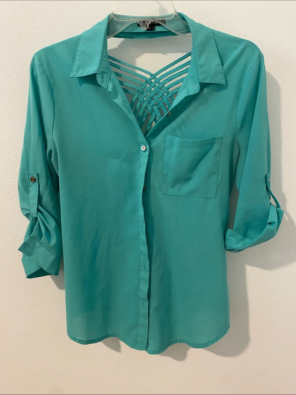 Womens Teal Button-Front Blouse with Lattice Yoke